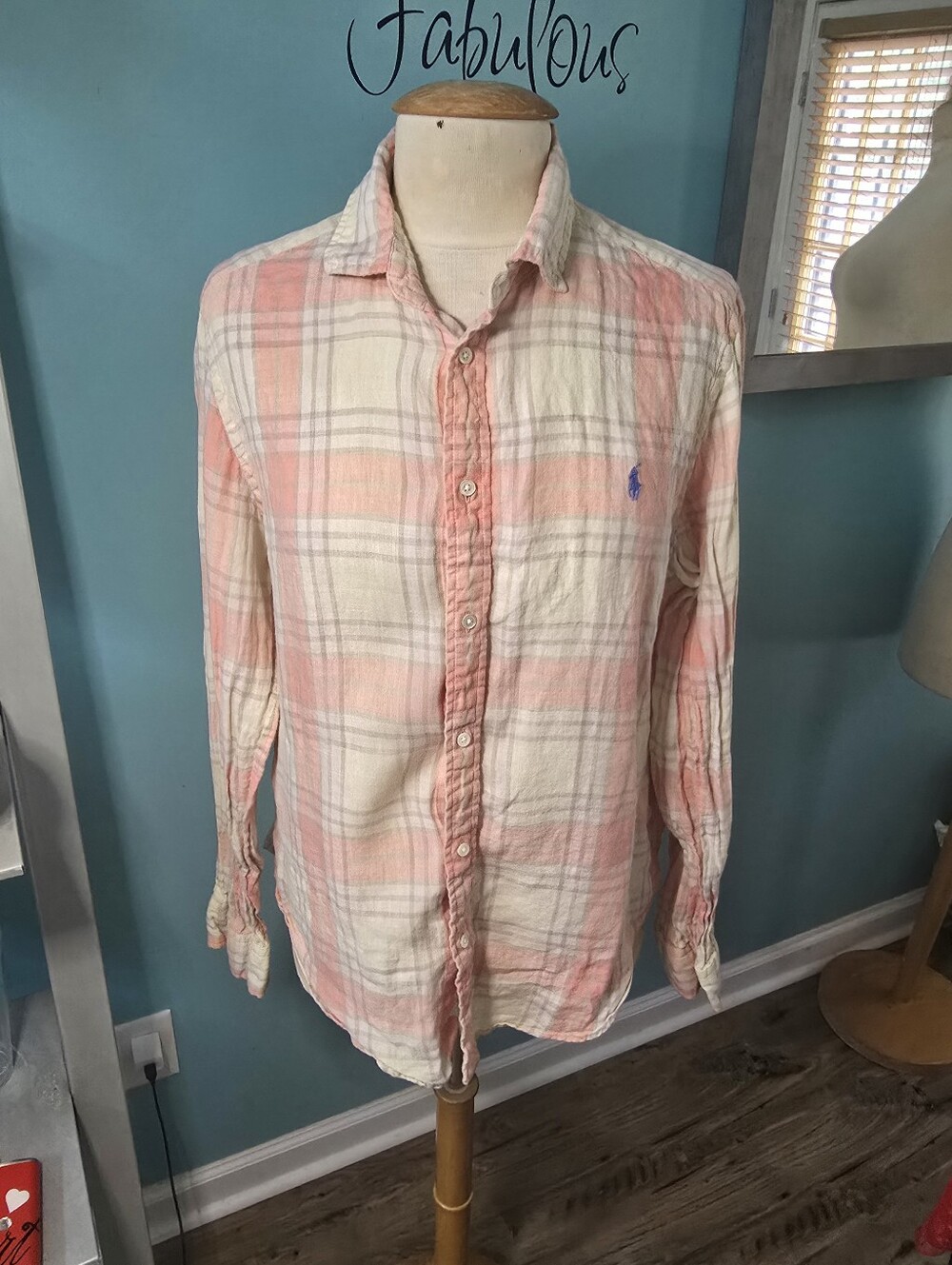 Polo by Ralph Lauren Pink and Cream Plaid Long-Sleeve Linen Button-Down Shirt